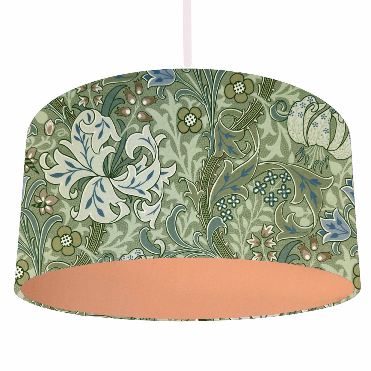william morris moss green golden lily drum lampshade, green florals with copper lining