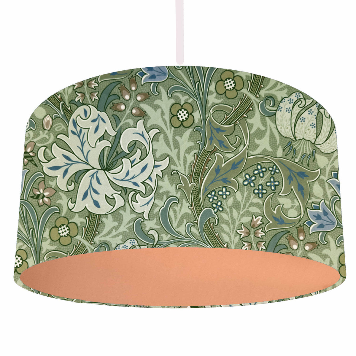william morris moss green golden lily drum lampshade, green florals with copper lining