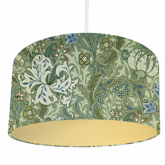 william morris moss green golden lily drum lampshade, green florals with gold lining