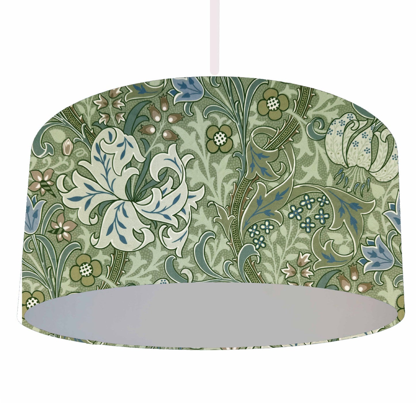 william morris moss green golden lily drum lampshade, green florals with silver lining