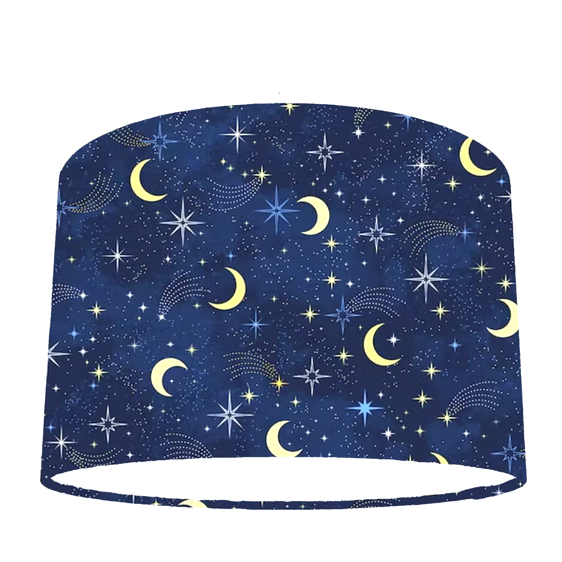 Drum lampshade with star and moon pattern on a blue background