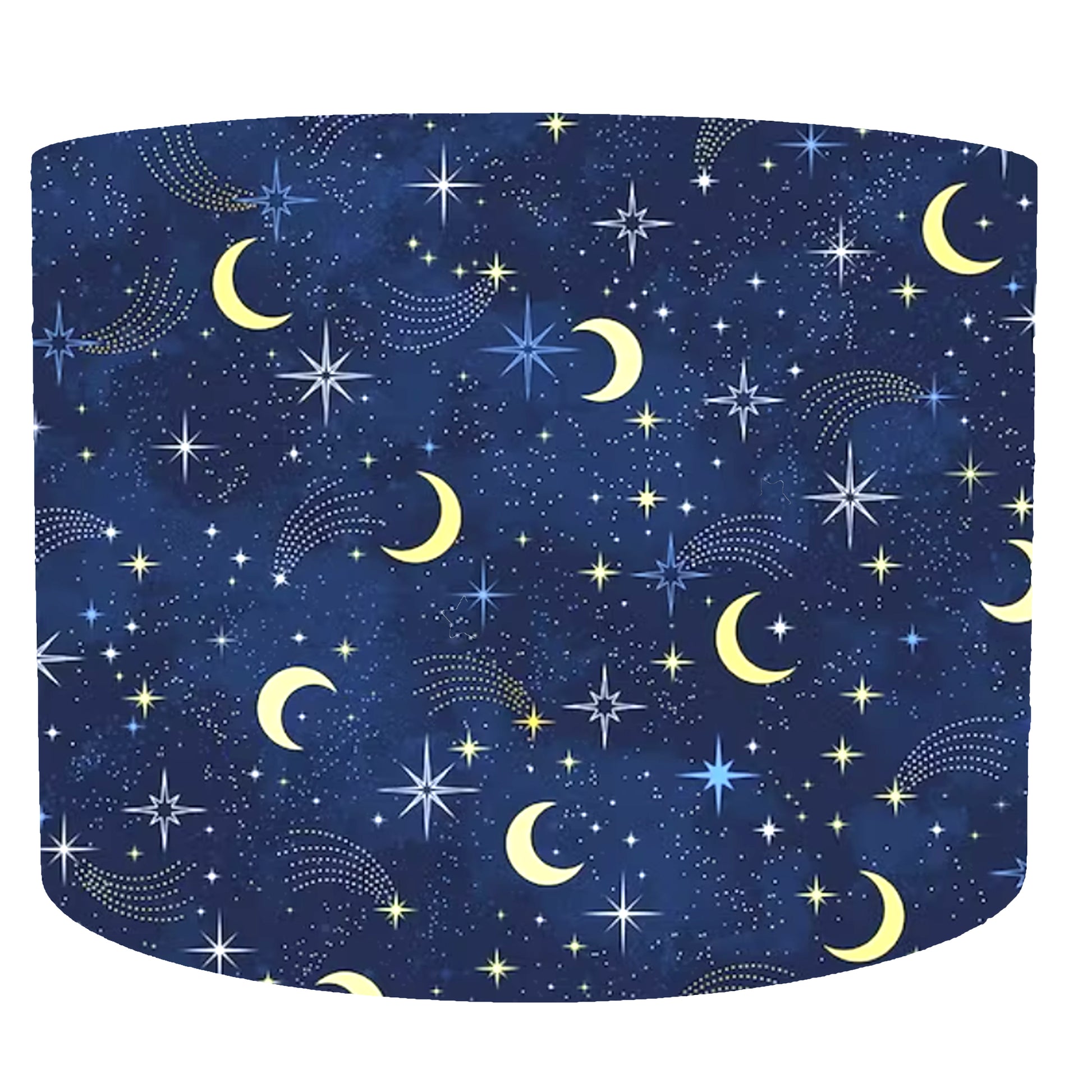 Fabric with celestial pattern of moons, stars, and comets on a blue background