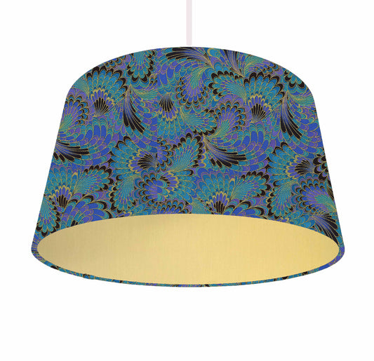 Blue And Gold Peacock Feather Lampshade, Metallic Lining