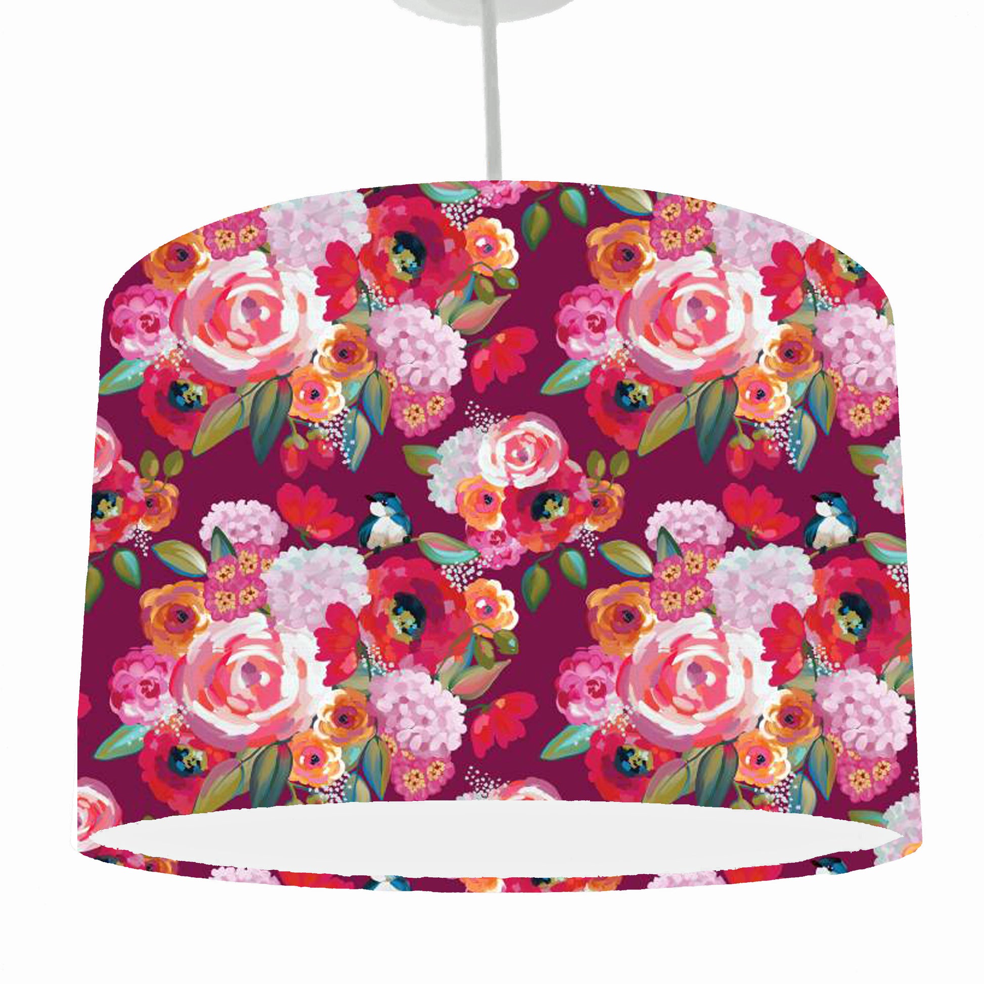 Roses and poppies with birds themed drum lampshade, ceiling light view