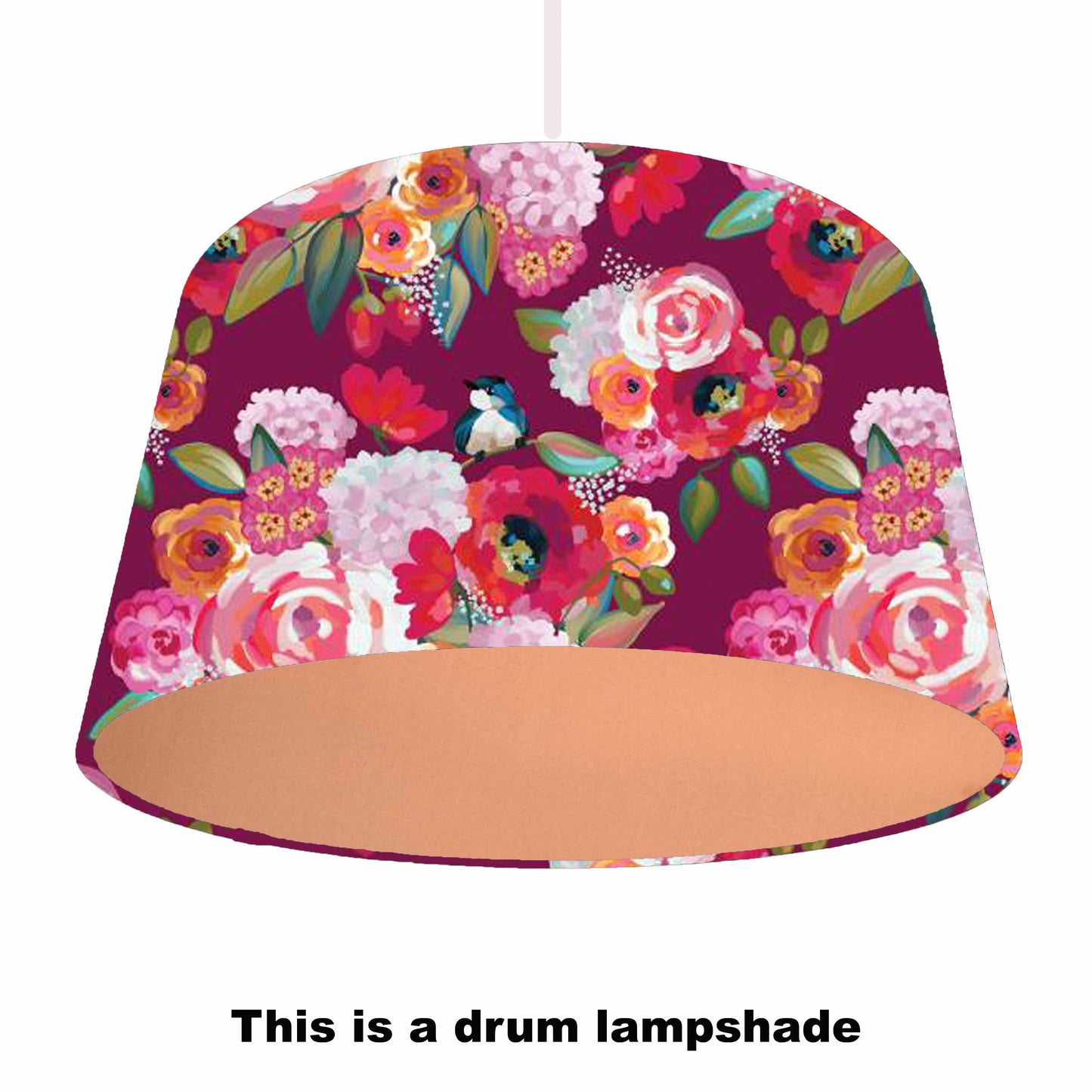 Floral drum lampshade on a burgundy background, copper lining