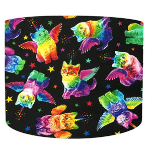 rainbow unicorn kittens set on a blackground, drum lampshade for fun people