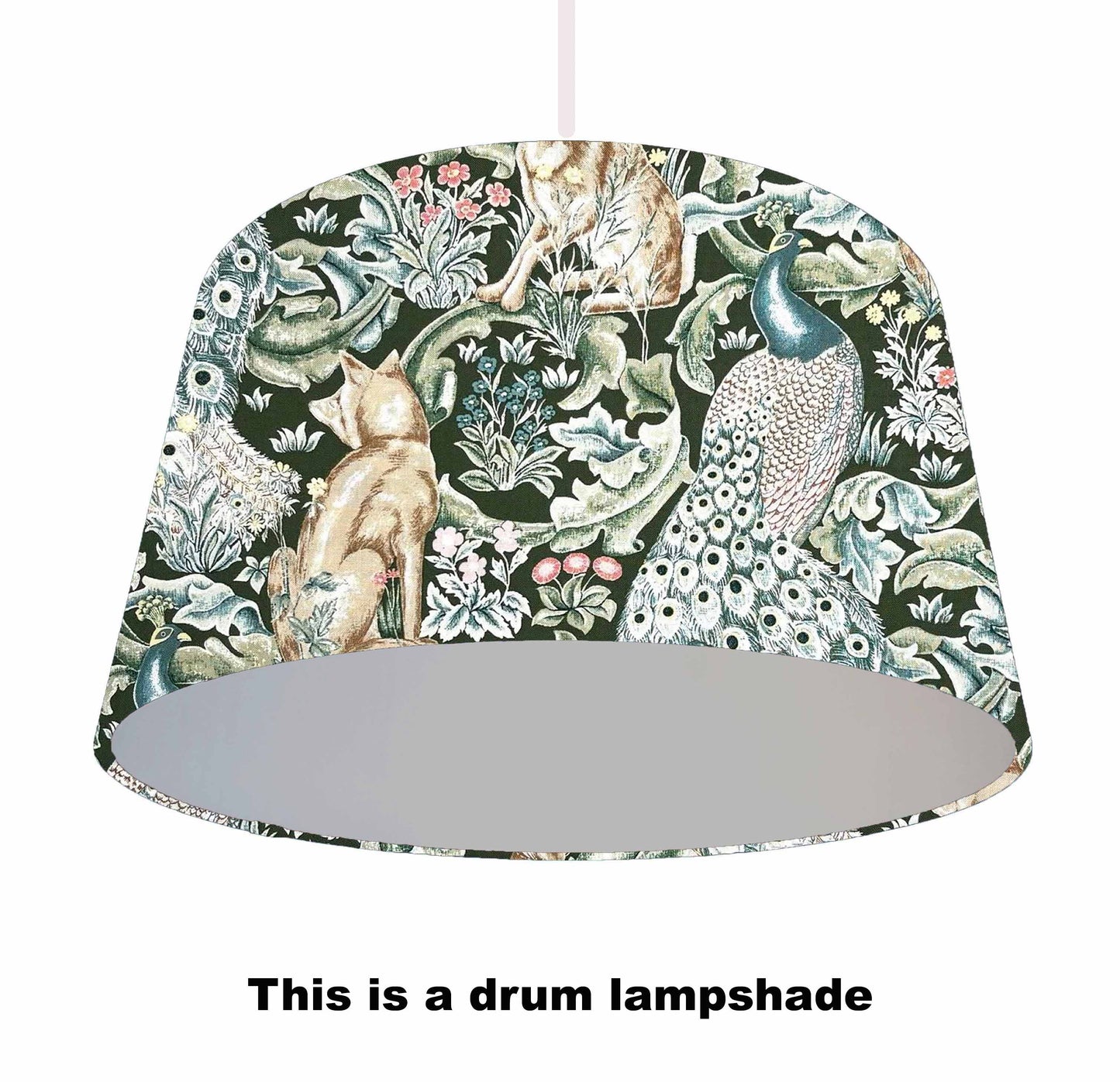 Decorative drum lampshade with nature-themed design on a green background, and a silver lining.