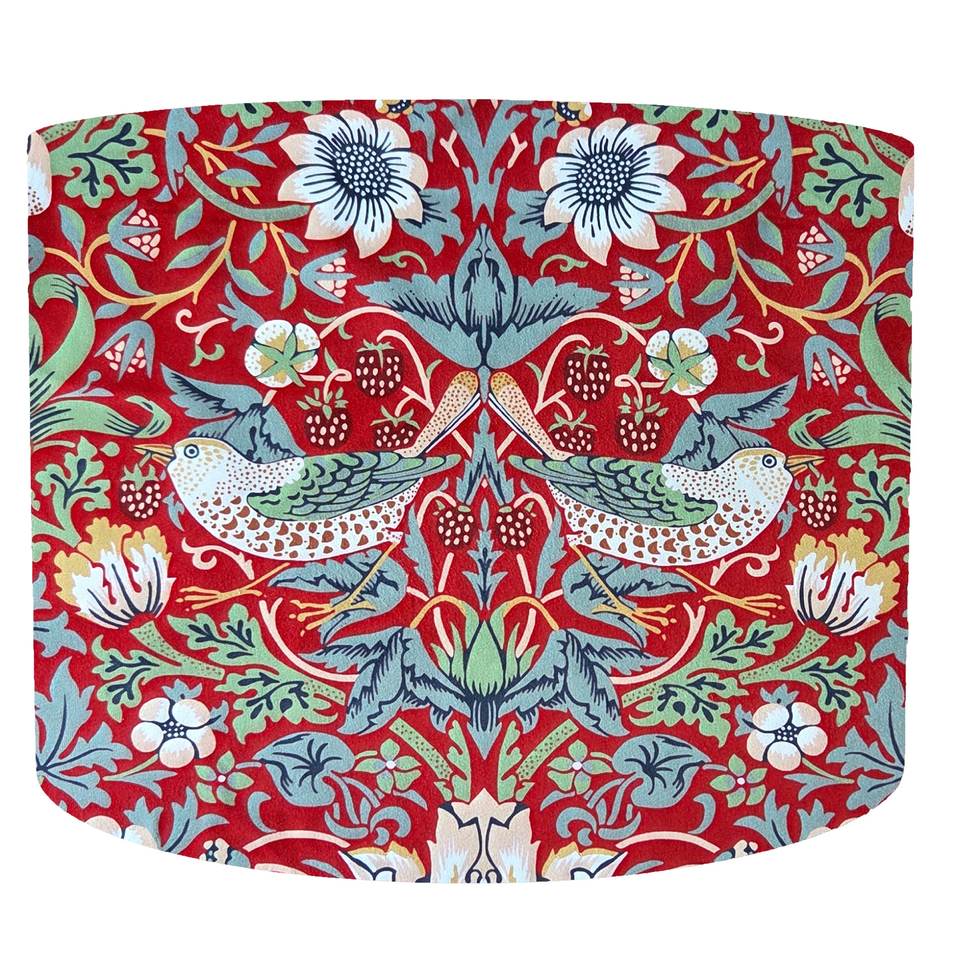 Beautiful William Morris Strawberry thief drum lampshade with a colorful floral and bird pattern on a red background