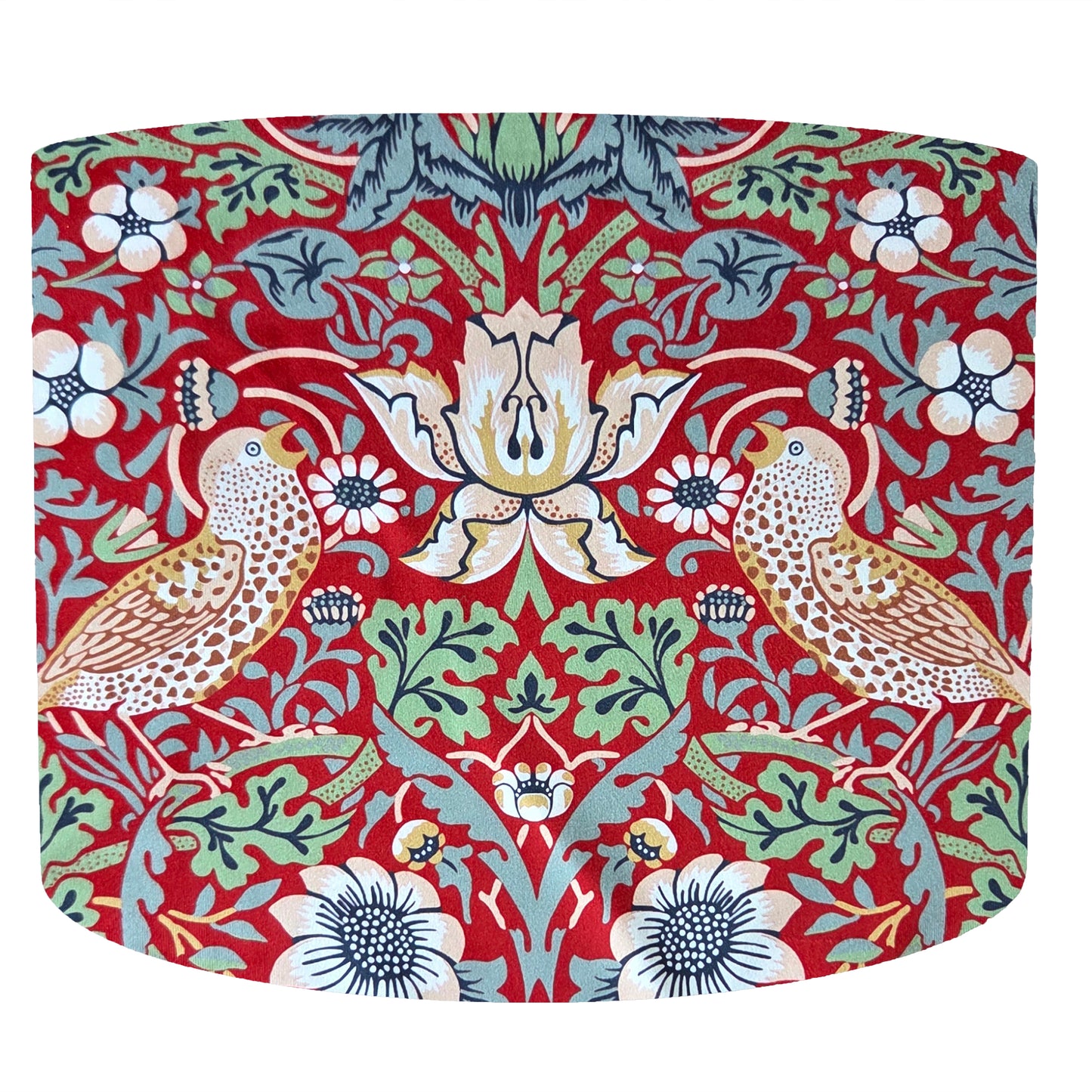 William Morris Strawberry Thief drum lampshade. Decorative fabric with a colorful floral and bird pattern on a red background