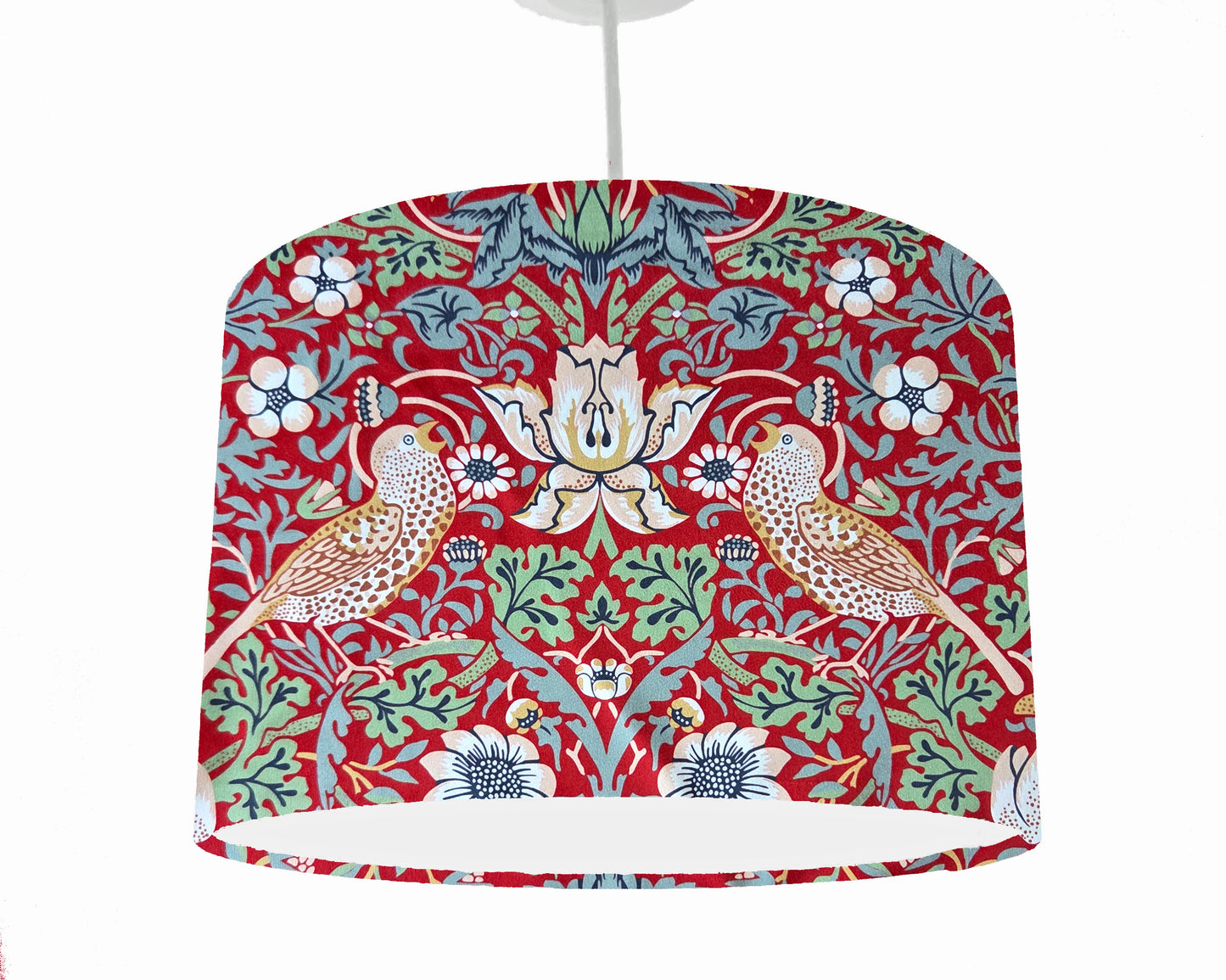 william morris strawberry thief drum ceiling lampshade with floral and bird pattern on a white background