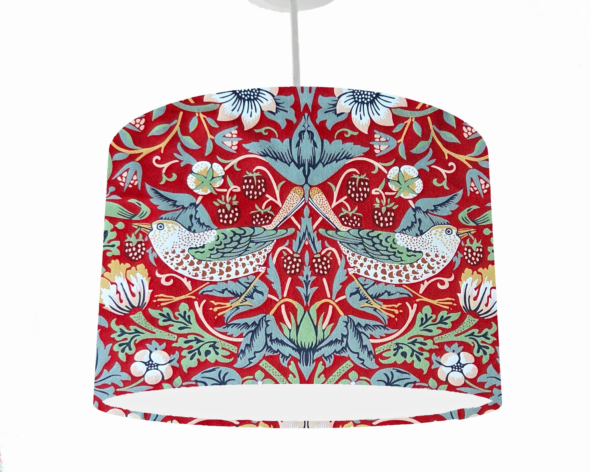 William Morris Strawberry thief ceiling lampshade with birds and floral pattern on a red background