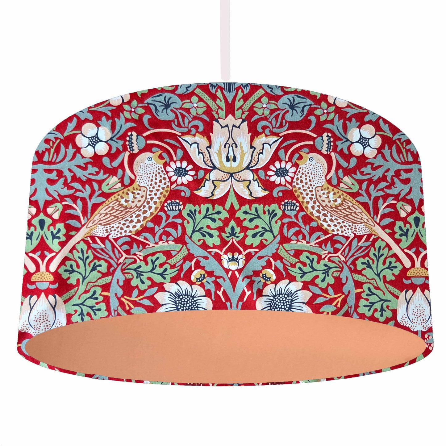 William Morris Red Strawberry thief lampshade, bird themed home accessories, with copper lining