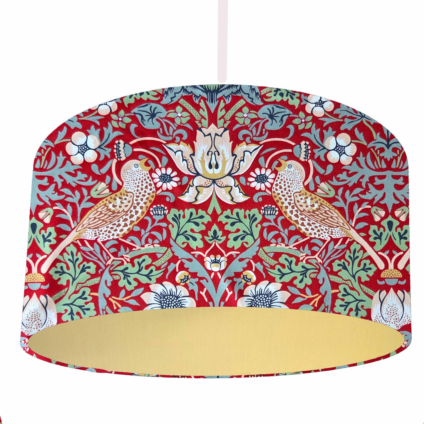 William Morris Red Strawberry thief lampshade, bird themed home accessories, with gold lining