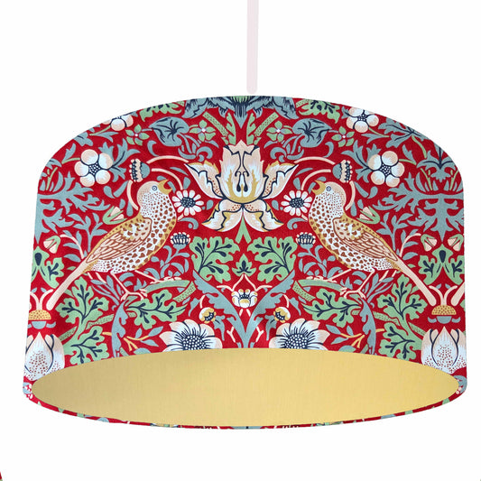 William Morris Red Strawberry thief lampshade, bird themed home accessories, with gold lining