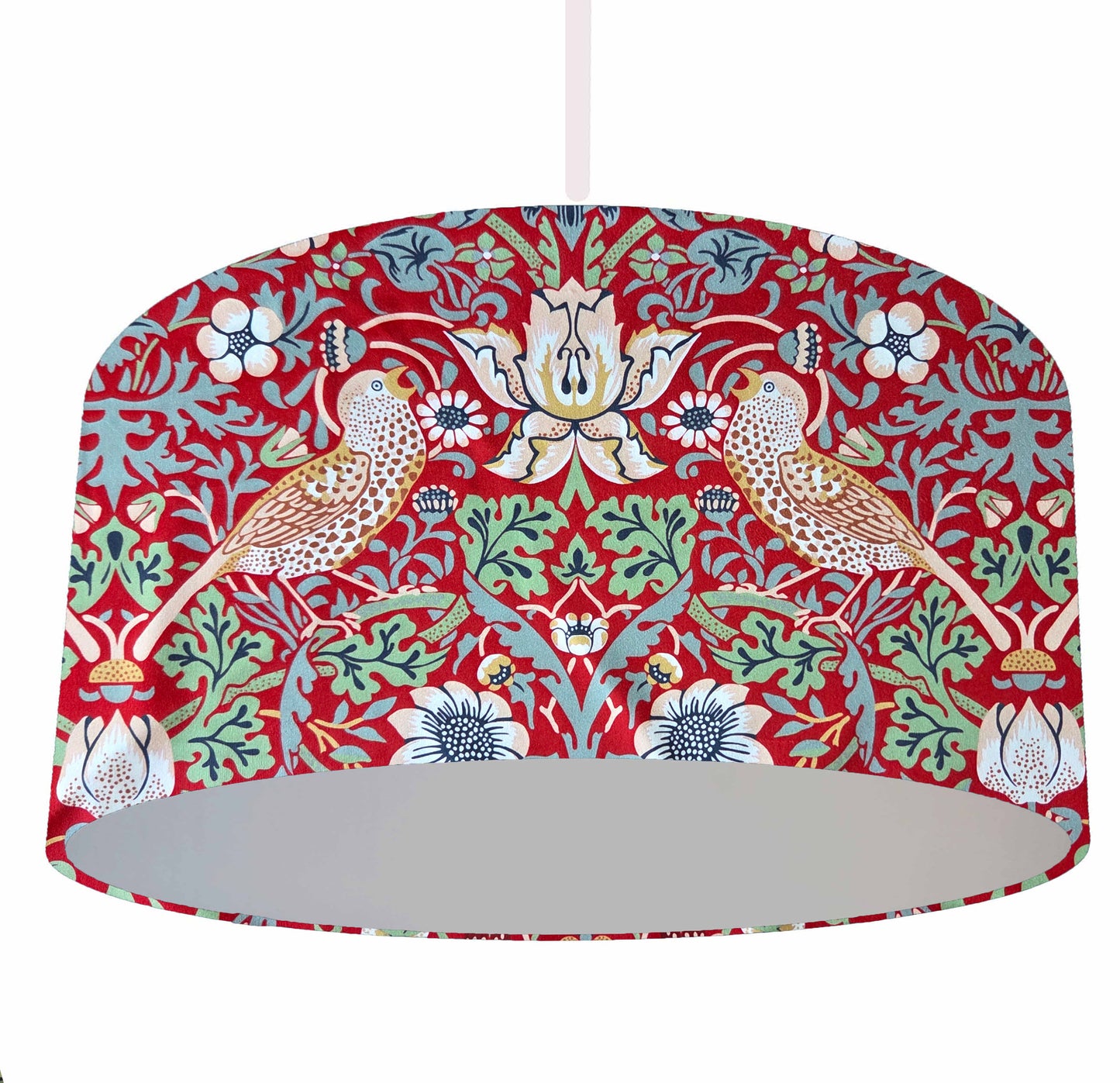 William Morris Red Strawberry thief lampshade, bird themed home accessories, with silver lining