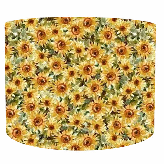front view of drum lampshade with sunflowers, white lining