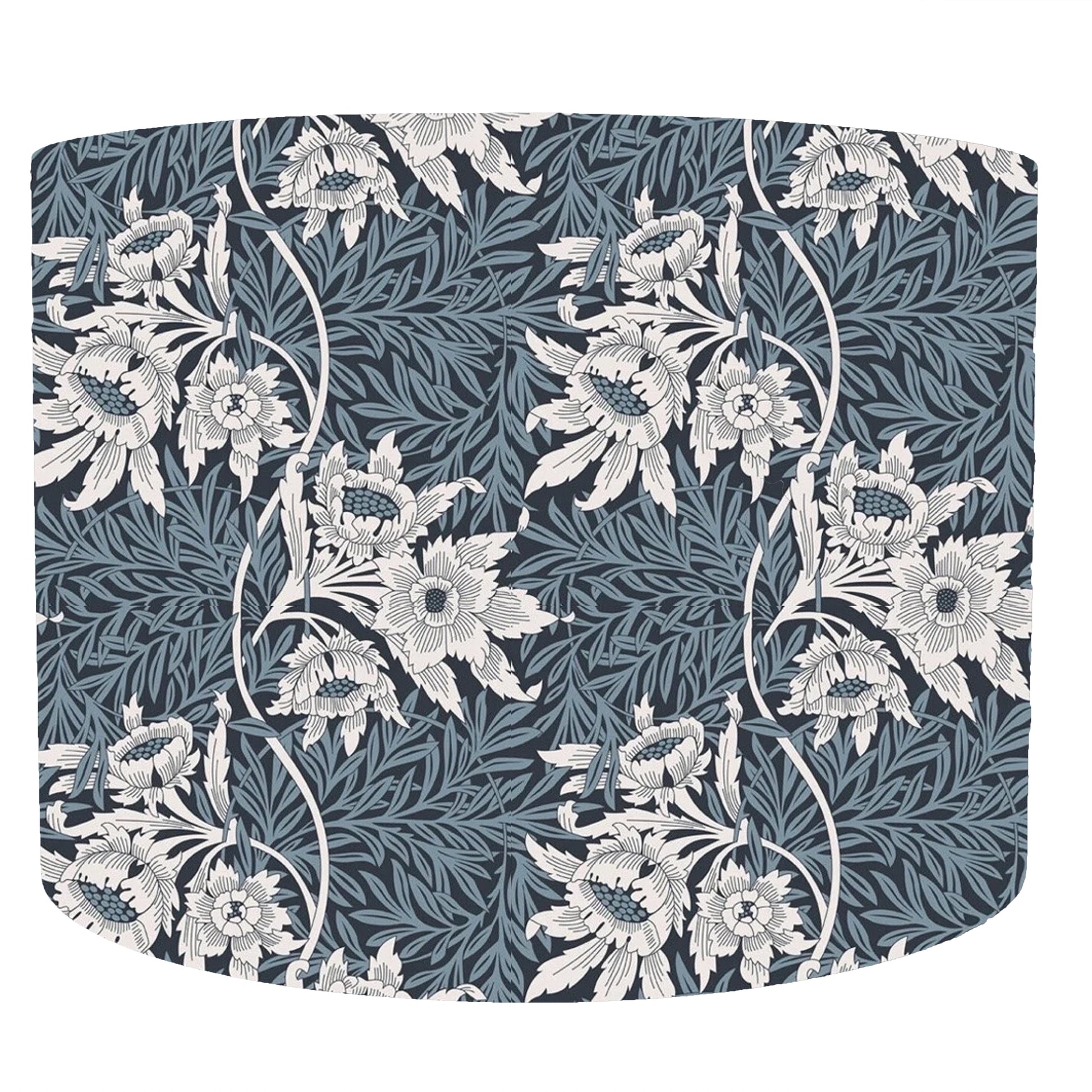 Blue and white william morris tulip and willow drum lampshade, front view