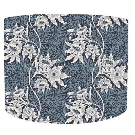 Blue and white william morris tulip and willow drum lampshade, front view