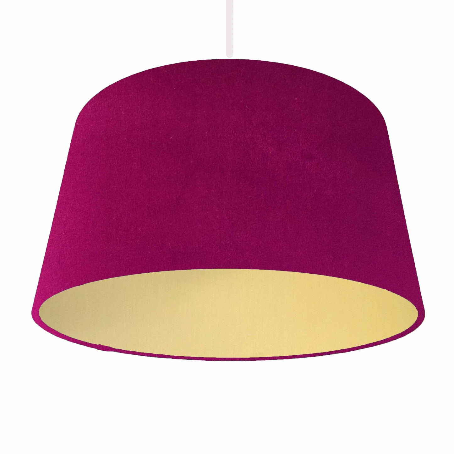 Fuchsia velvet lampshade, gold lining, hanging ceiling pendant view