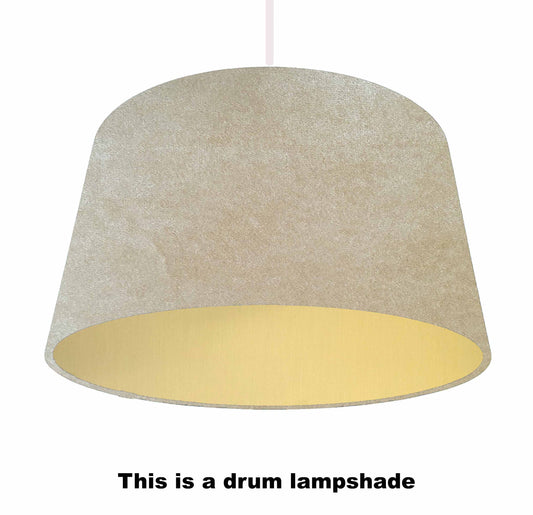 Cream drum lampshade, with brushed gold metallic lining, ceiling light view