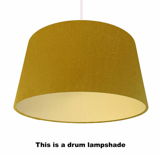 mustard yellow velvet drum lampshade with gold lining, ceiling light view