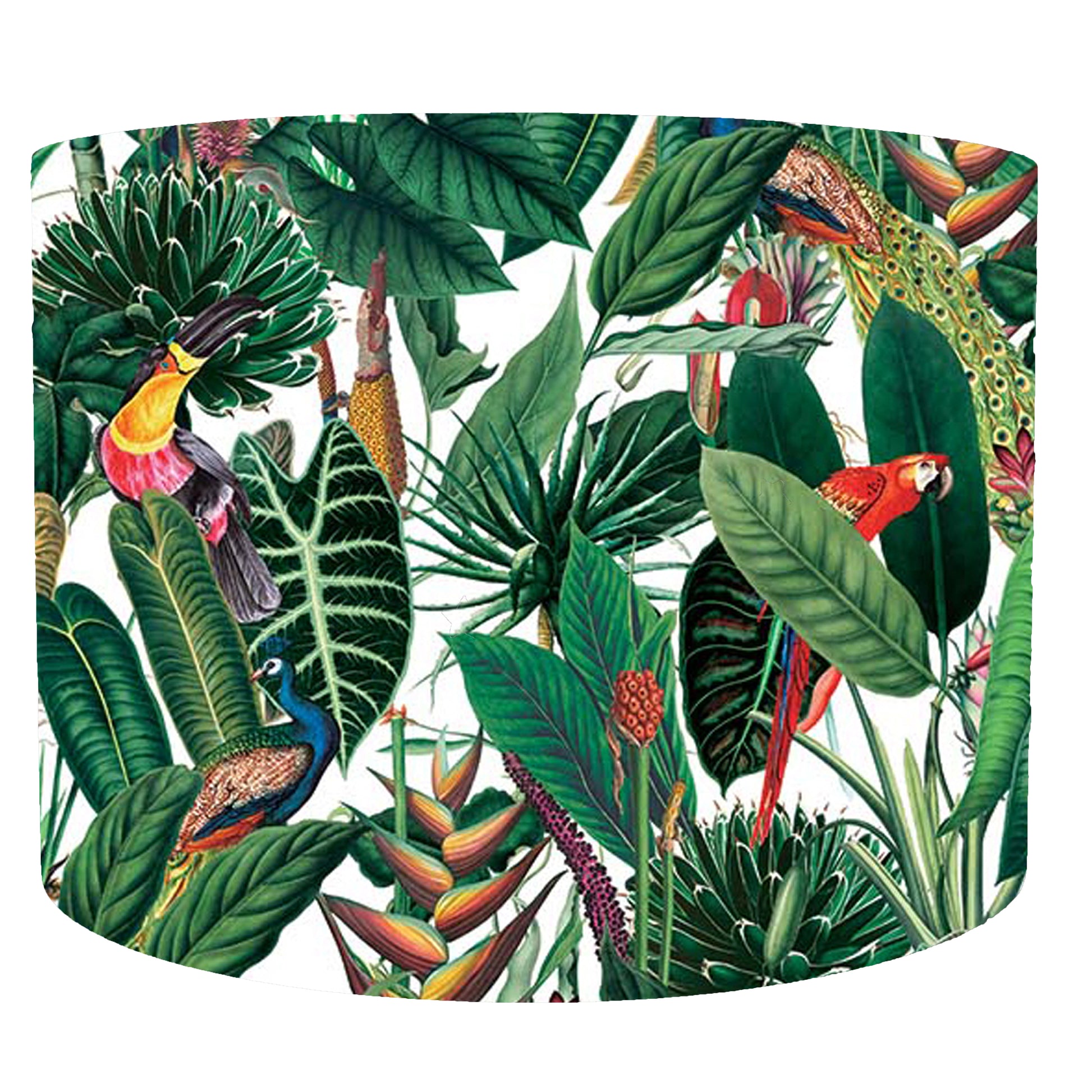 Tropical leaves and birds themed drum lampshade. Velvet lamp shade. Front view.