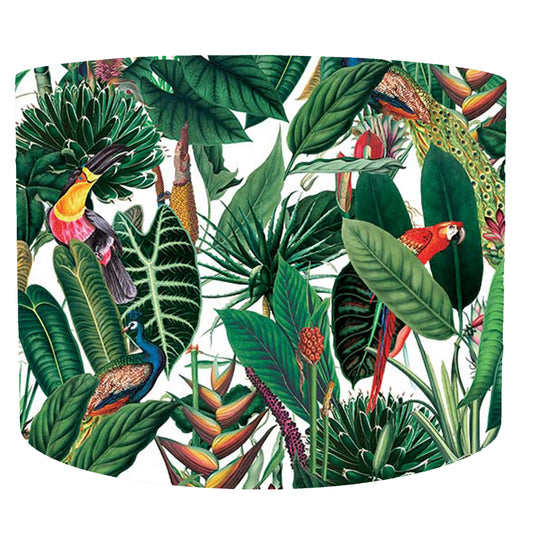 Tropical leaves and birds themed drum lampshade. Velvet lamp shade. Front view.