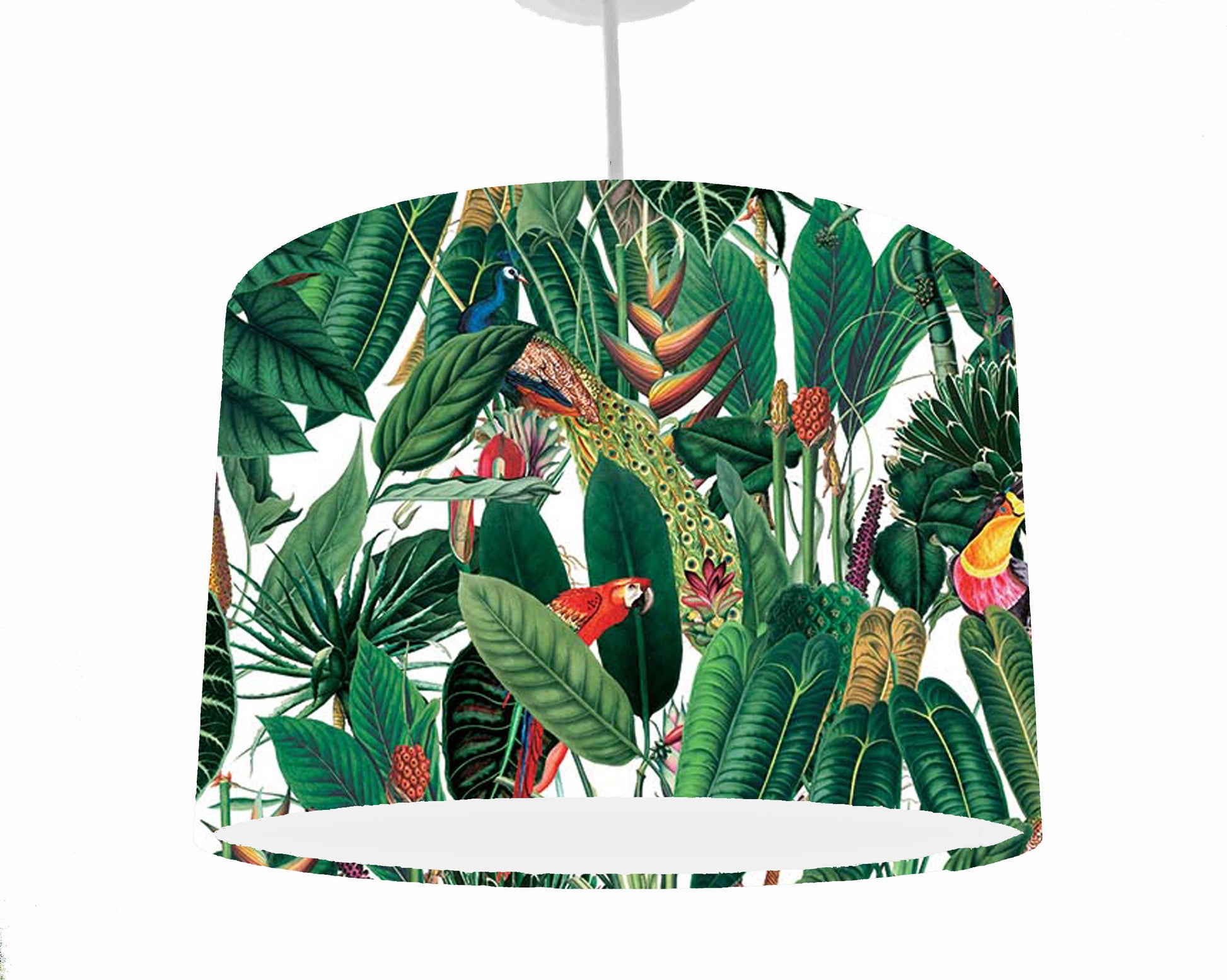 Tropical rainforest themed lampshade. Velvet drum lampshade, Ceiling light view.
