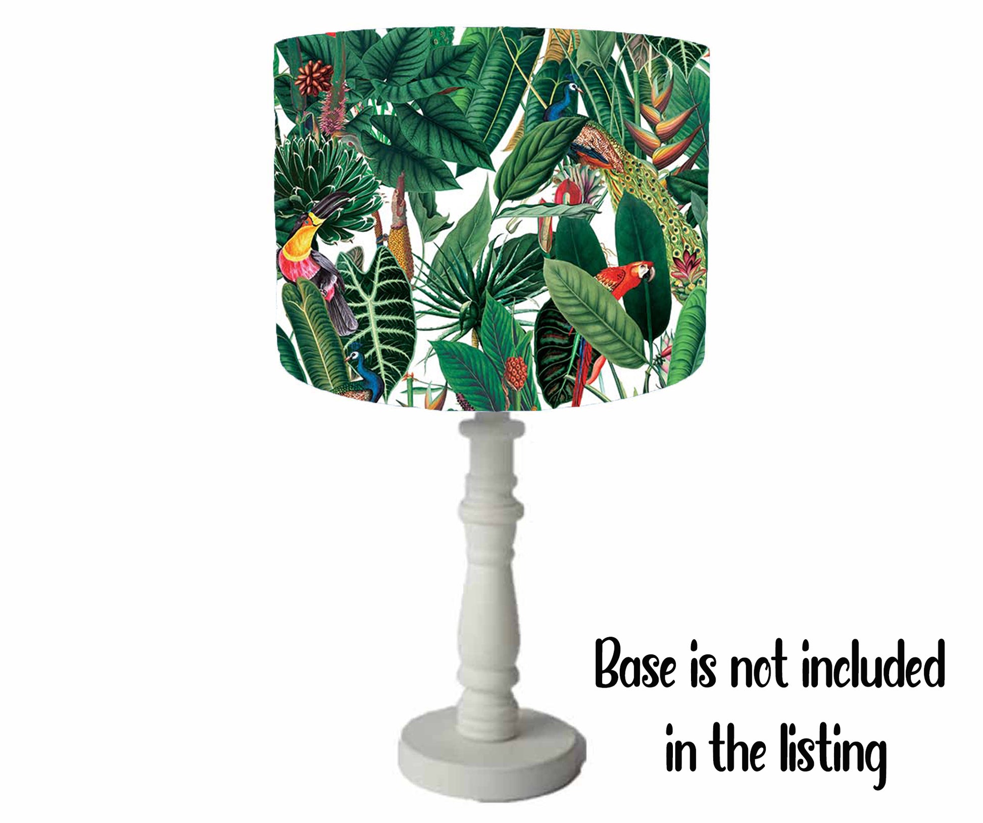 Rainforest birds and fauna themed lampshade. Drum velvet lampshade. White lining. Table lamp shade view.