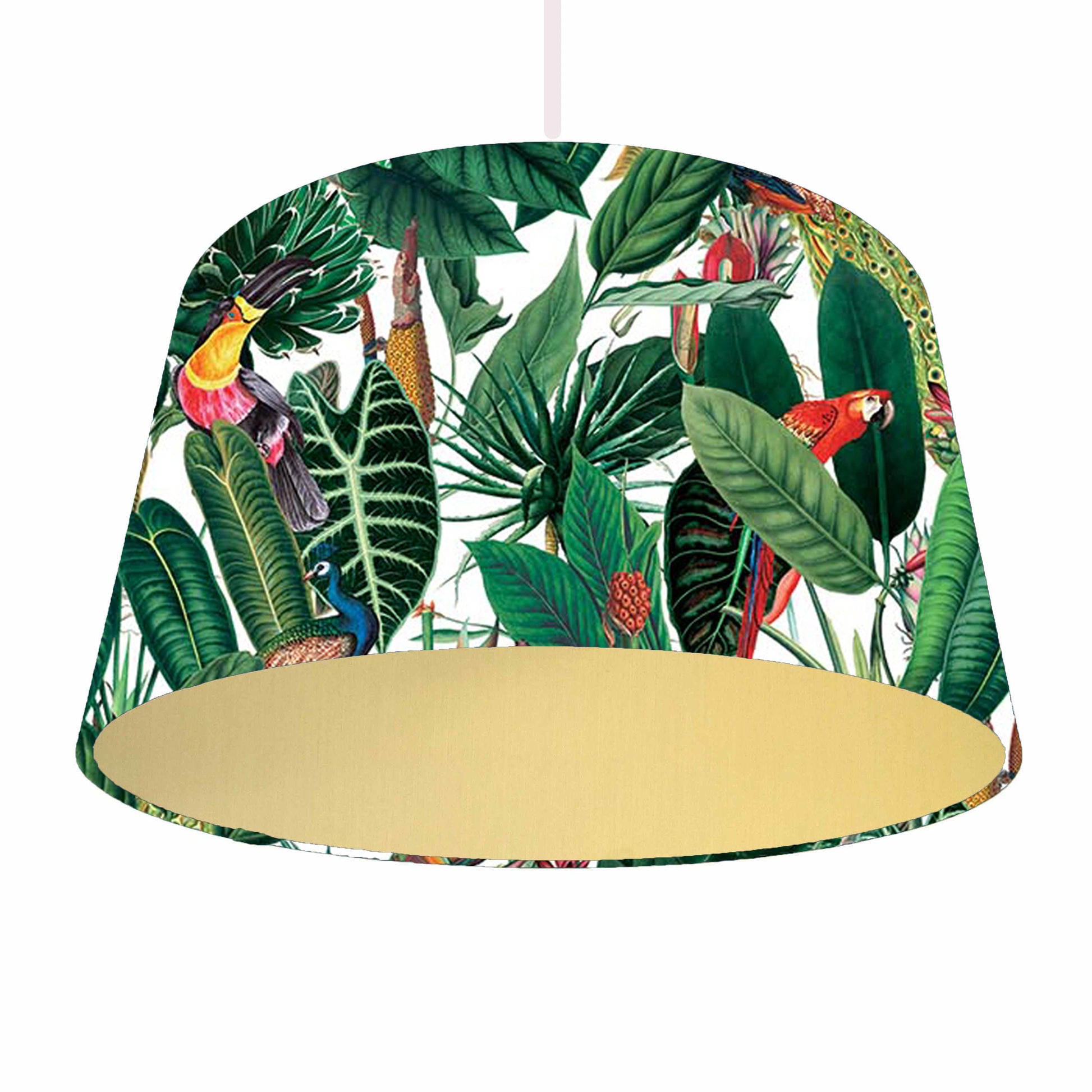 Tropical bird themed lampshade with gold lining. Ceiling light shade view