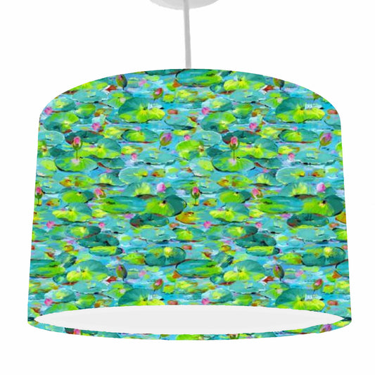 Artistic waterlilies drum lampshade, inspired by Monet, Ceiling light shade view