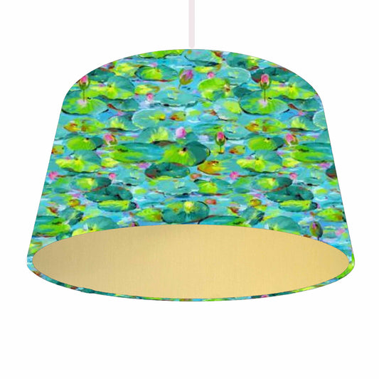 Stunning blue, green and pink waterlilies drum lampshade, gold lining, ceiling light view