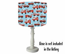 Load image into Gallery viewer, red fire engines set on blue background table lamp shade for children
