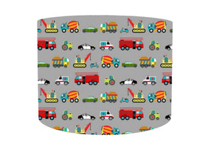 various different types of vehicle set on a grey background. cute drum lampshade for kids