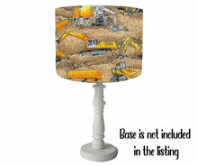 Load image into Gallery viewer, yellow construction vehicles on scenic beige background table lamp shade
